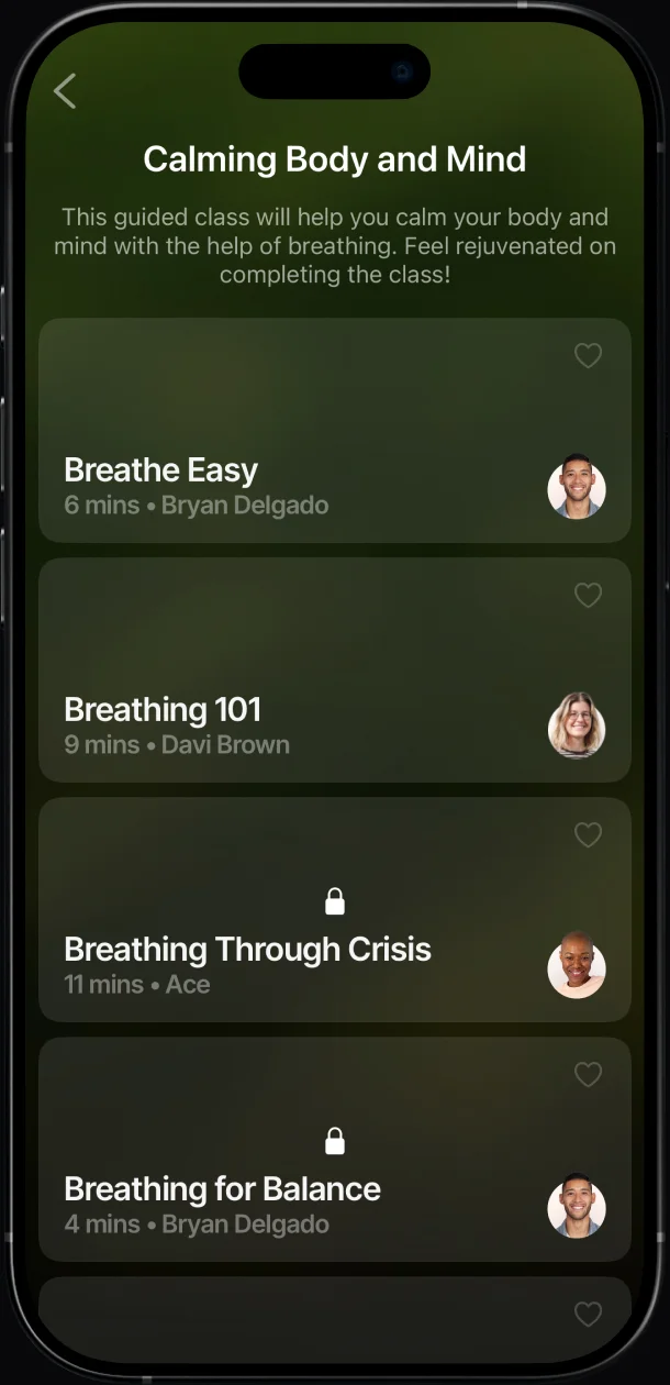 Breathwrk guided session list for calming body and mind