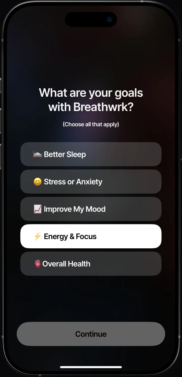 Breathwrk onboarding screen asking about your goals