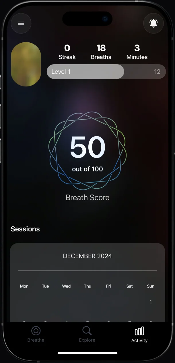 Breathwrk dashboard with streak, breaths and Breath Score