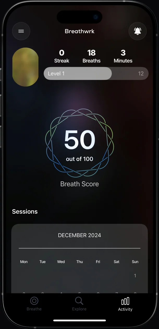 Breathwrk app dashboard with a Breath Score of 50